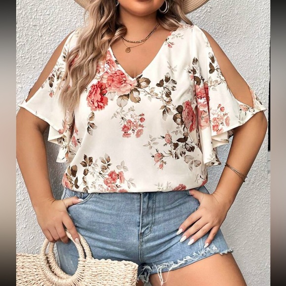 Boho Plus Size Floral Print Cut Out Cold Shoulder Top Blouse Shirt - Picture 2 of 7
